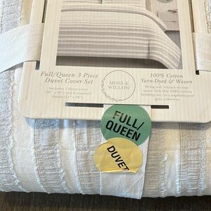 🆕 Moss & Willow 3-Piece Duvet Cover Set F/Q Gray/White Textured Stripes Cotton